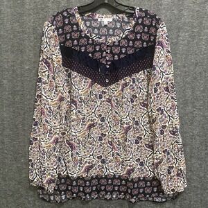 DR2 Daniel Rainn Top Womens XL Blue Floral Lace Boho Peasant Flowy Tunic‎ Blouse